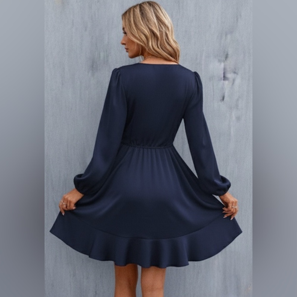 Blue Satin Wrap Tie Lantern Sleeve Dress - Picture 4 of 5